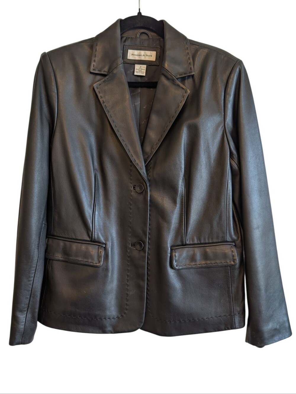 Vintage Preston & York Black Lambskin Leather Blazer Jacket Womens M Minimal 90s